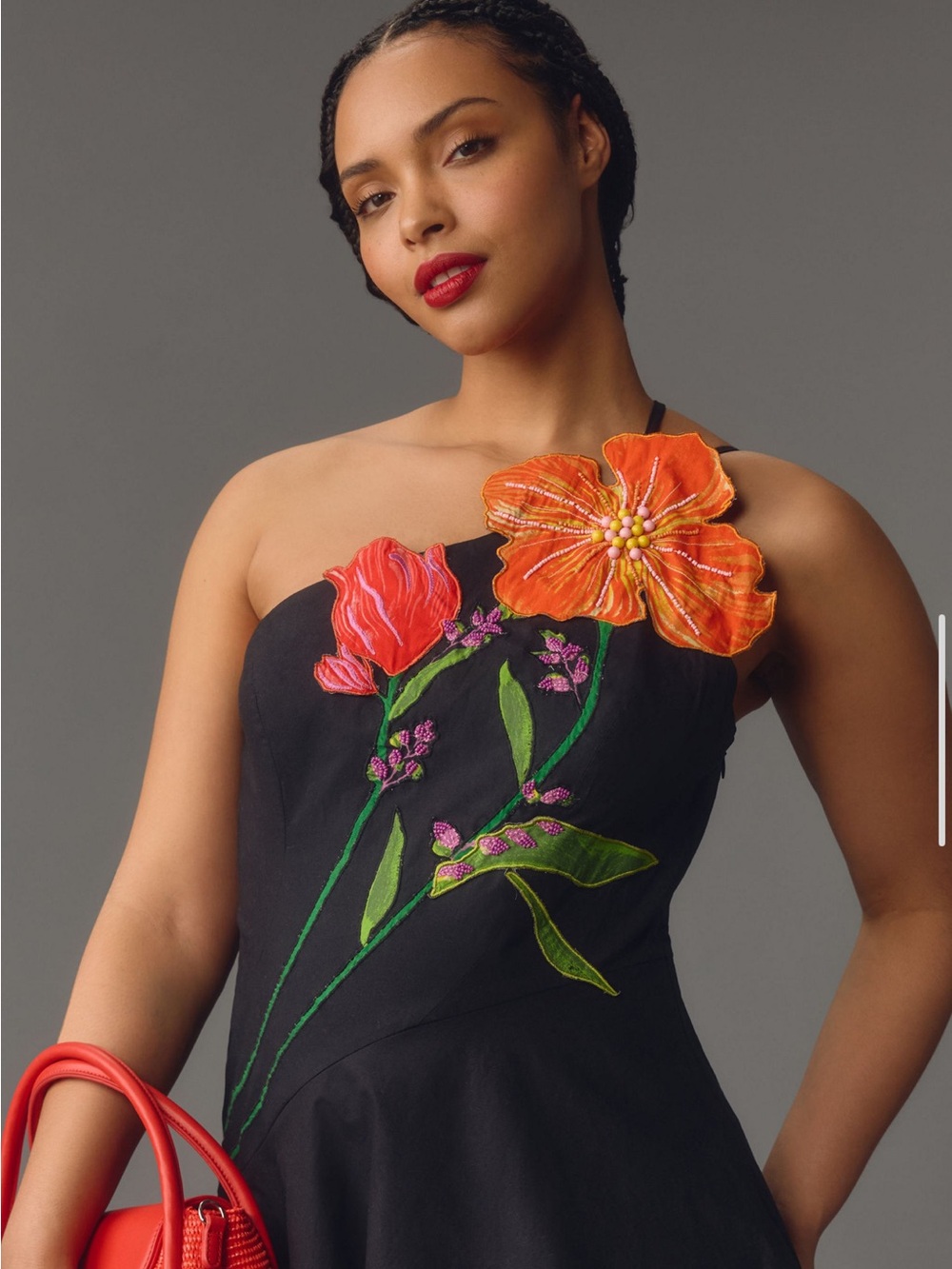 Anthropologie Black One-Shoulder Floral Appliqué Midi Dress - Picture 4 of 8